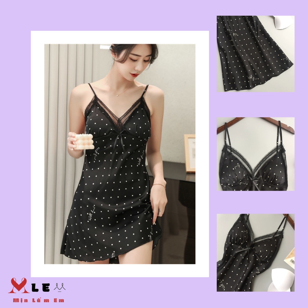 Váy Ngủ Nữ Hai Dây chấm bi nhỏ phối ren ngực kèm họa tiết nơ nhỏ gợi cảm quyến rũ sexy MLEM