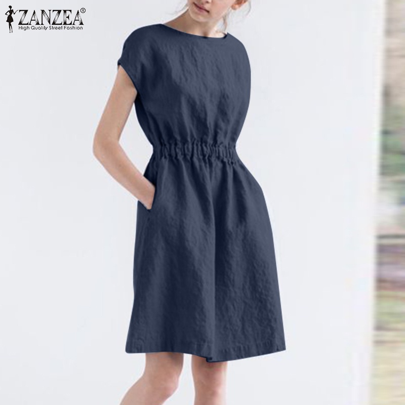 Đầm ZANZEA cotton ngắn tay lưng thun phối túi phong cách châu âu cho nữ