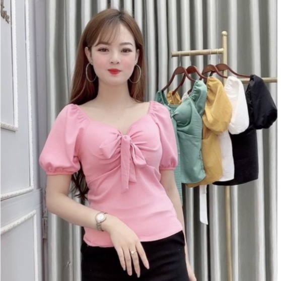 Áo bánh bèo cổ tim có nơ. hất liệu đũi, mềm, min, mát, không nhăn, size 40-60kg, mặc đi làm, đi chơi đều xinh