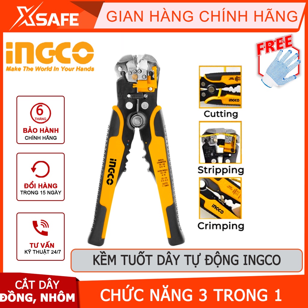 Kềm tước dây điện tự động IINGCO HWSP102418 Kìm đồ nghề đa năng 3 trong 1 dùng tước, cắt và bấm cos dây đồng, dây nhôm