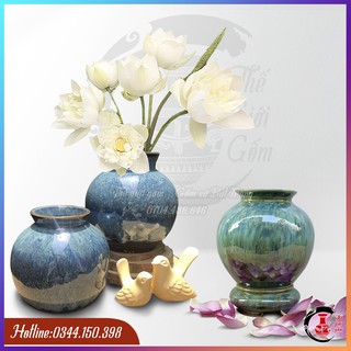 Bình hoa dáng vò cắm hoa Sen, hoa Súng, hoa Hồng Gốm Bát Tràng, men Hỏa Biến