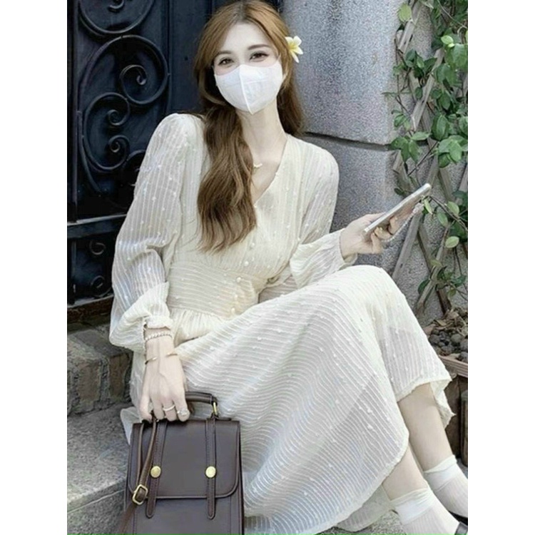 Đầm tiểu thư công chúa váy dự tiệc cổ V phối ngọc tay dài đẹp chất ren siêu xinh
