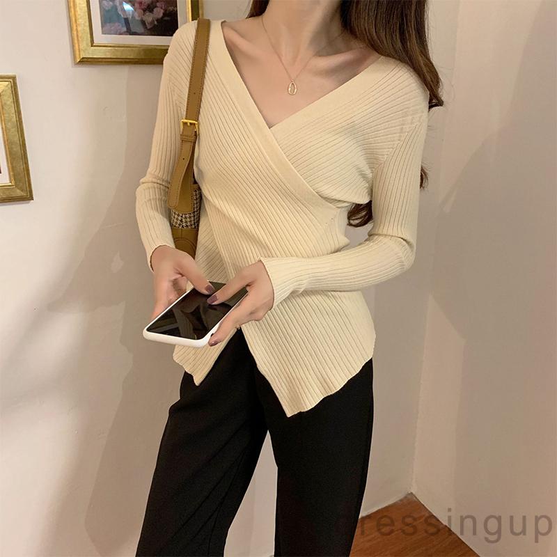 Áo dệt kim tay dài cổ chữ V màu trơn thời trang cho nữ