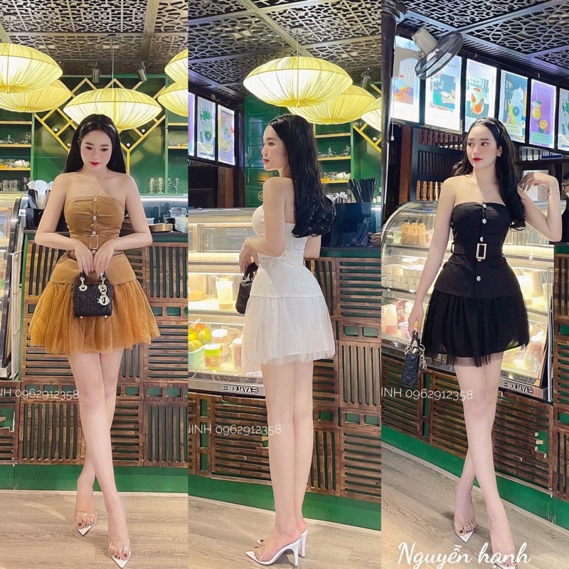 Set áo quây kèm đai + chân váy voan