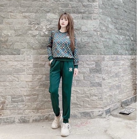 Set thể thao⚡ Bộ đồ nỉ thun in chữ 2 màu xanh hồng Thời trang công sở CAMILLA