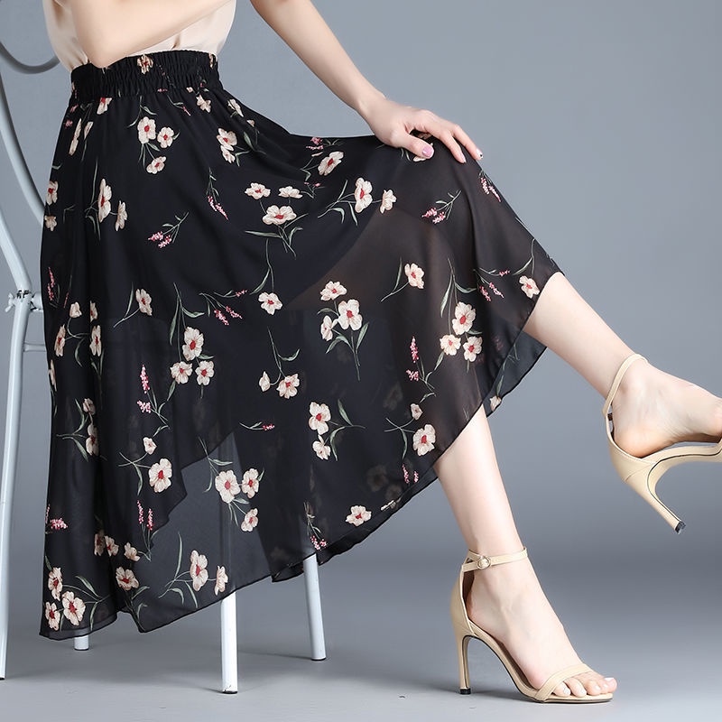 Chiffon Floral Skirt  long skirt, high waist and thin A-line skirt, printed skirt, large swing skirt, mid-length skirt