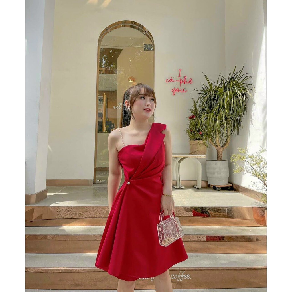 Váy dự tiệc nữ ❣️ đầm xòe lệch vai dây cườm kèm mút ngực sang trọng P01 | BigBuy360 - bigbuy360.vn