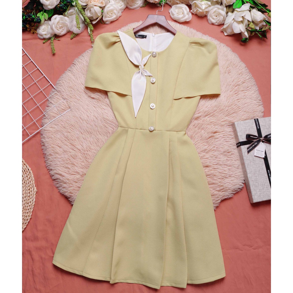 Đầm nữ đầm dự tiệc sang trọng thanh lịch thiết kế cao cấp xòe xếp ly tay chùm vàng bơ thời trang đi tiệc đi làm - Lux W