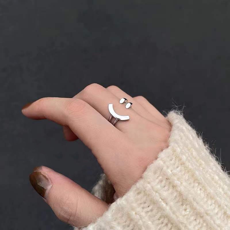 Nhẫn Hở Màu Bạc Hình Mặt Cười Có Thể Điều Chỉnh Độc Đáo Phong Cách Hàn Quốc