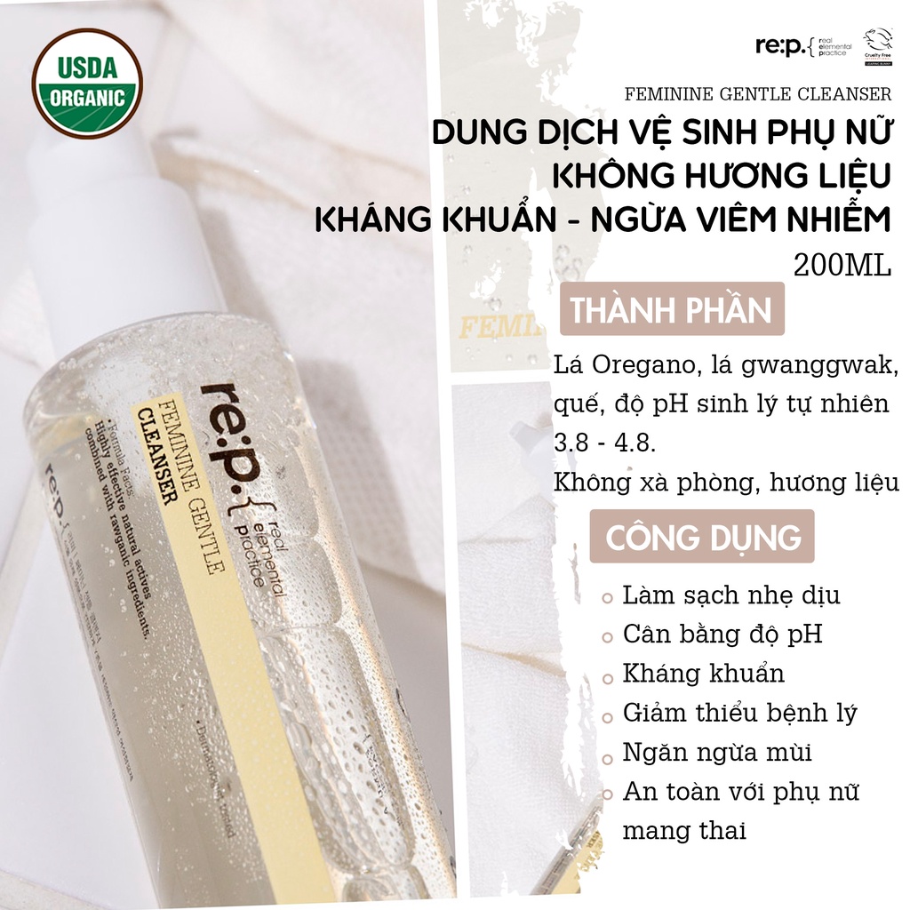 Dung Dịch Vệ Sinh Phụ Nữ RE:P FEMININE GENTLE CLEANSER 100% Organic Rửa Sạch Ngừa Nấm Ngứa Dưỡng Ẩm Làm Hồng Se Khít