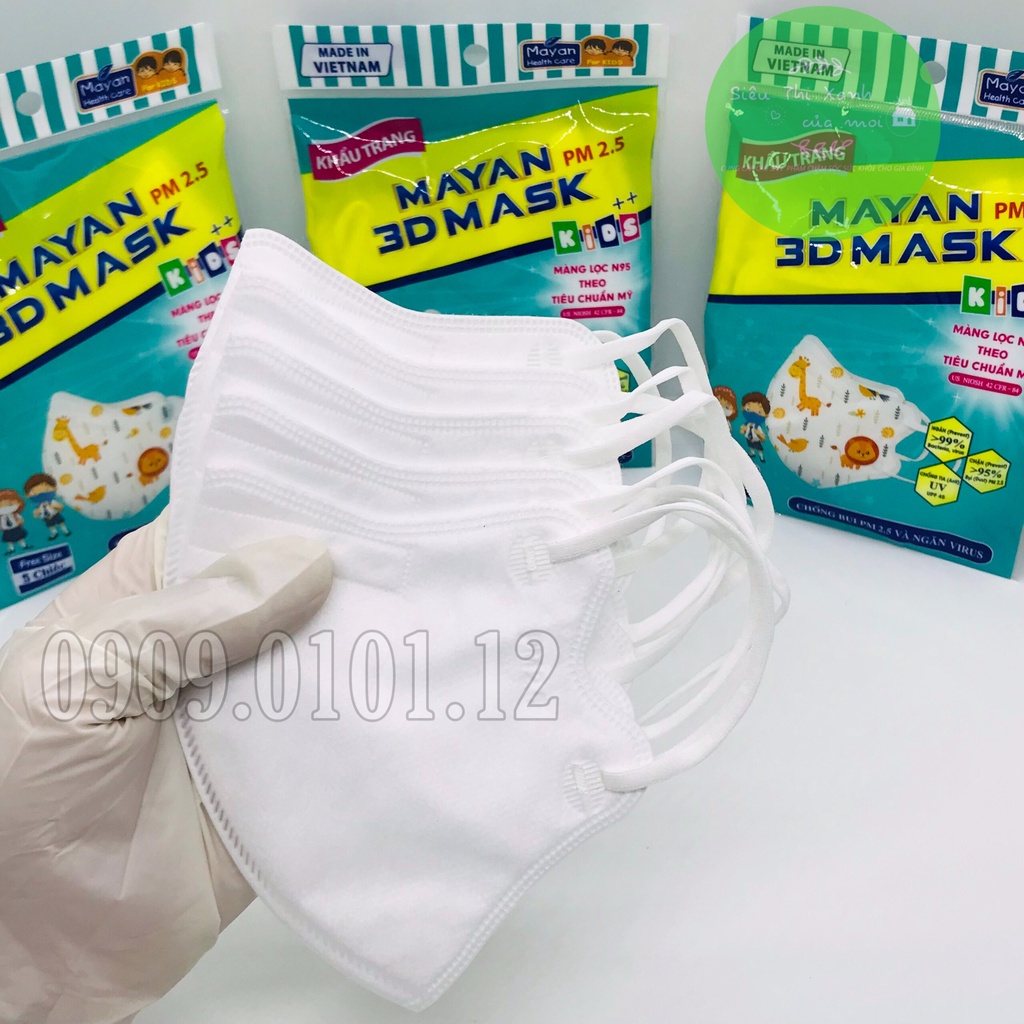 Khẩu trang 3d trẻ em cao cấp bịch 5 cái, 3d mask Mayan chính hãng với 4 lớp màng lọc kháng khuẩn theo chuẩn n95 pm2.5