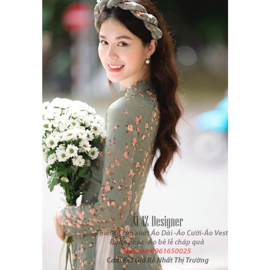 Áo Dài Nữ Truyền Thống 4 Tà Hoa Nhí Tay Lỡ Cổ Cao AZ27