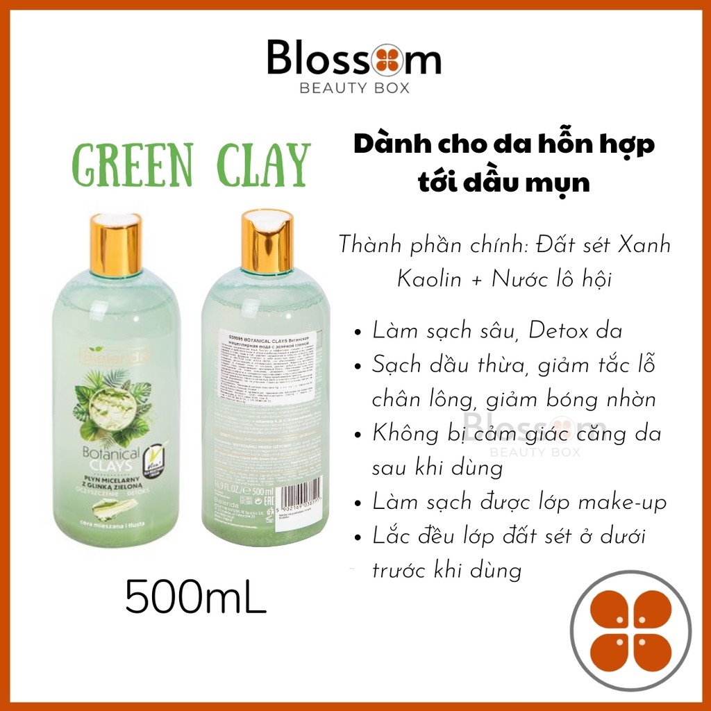 500ml Nước tẩy trang Micellar BIELENDA: Vege Detox, Green Clay, Pink Clay