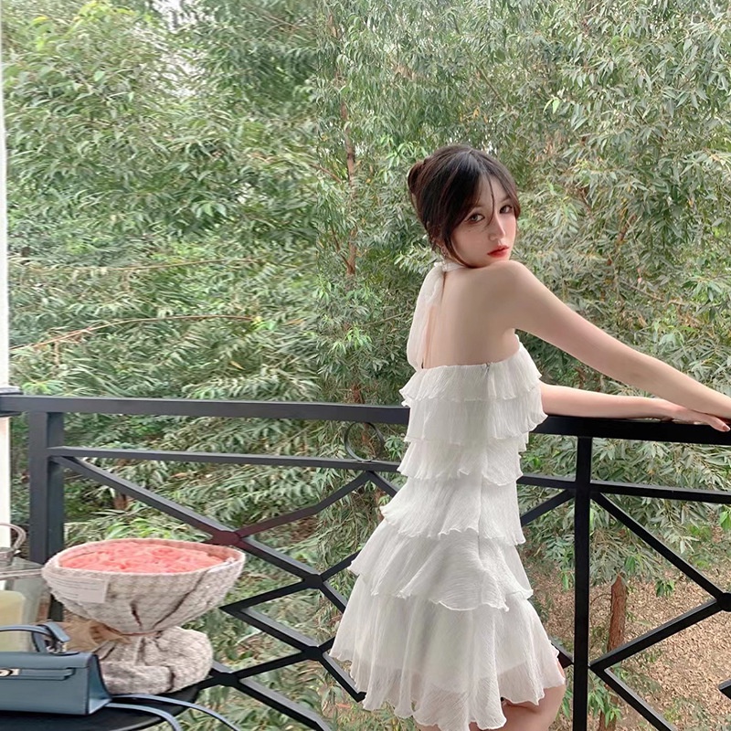 Đầm ngắn IELGY hở lưng không tay diềm xếp nếp phong cách mùa hè cho nữ