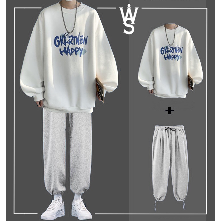 Set đồ bộ thun dáng rộng, áo sweater và quần thun dáng suông ống rộng + dây rút theo phong cách Hàn Quốc.