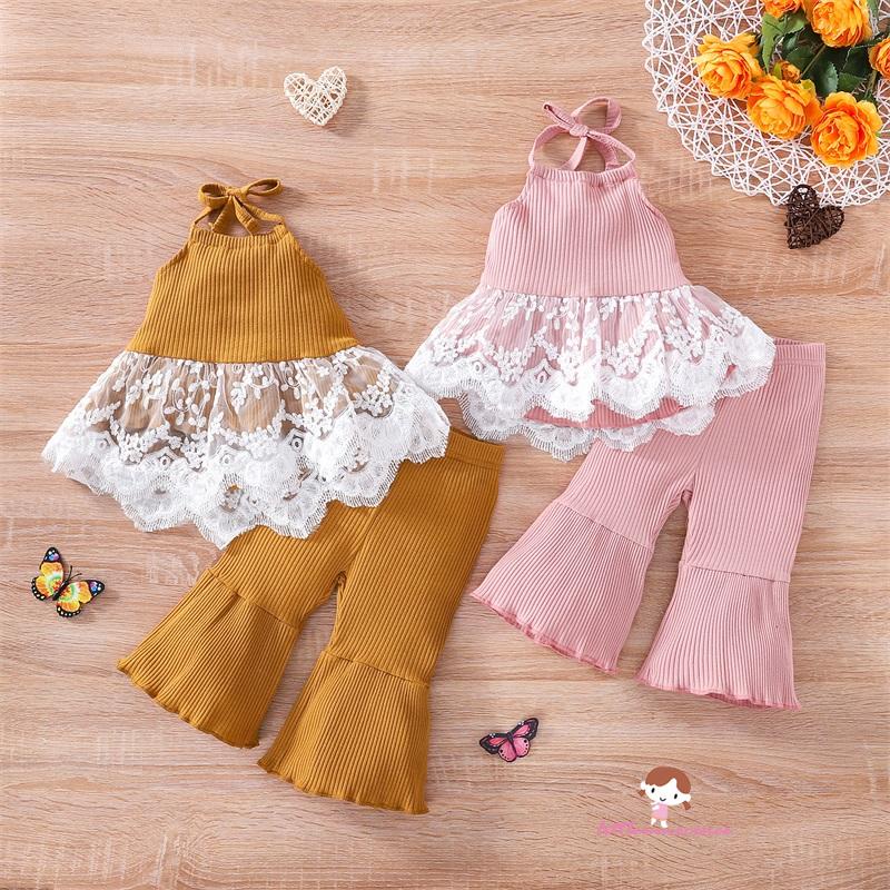 Bộ Áo Tank Top Cổ Yếm Phối Ren + Quần Ống Loe Thời Trang Mùa Hè Cho Bé Gái Từ 6 Tháng Đến 4 Tuổi