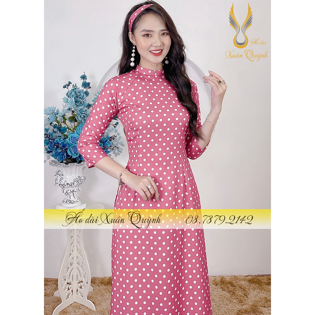 Áo Dài Chấm Bi Màu Hồng Trẻ Trung, Dễ Thương Tặng Turban Lụa Habutai K80 - Áo Dài Xuân Quỳnh