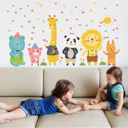 Decal trang trí tường - Động vật dễ thương và bông hoa nhỏ