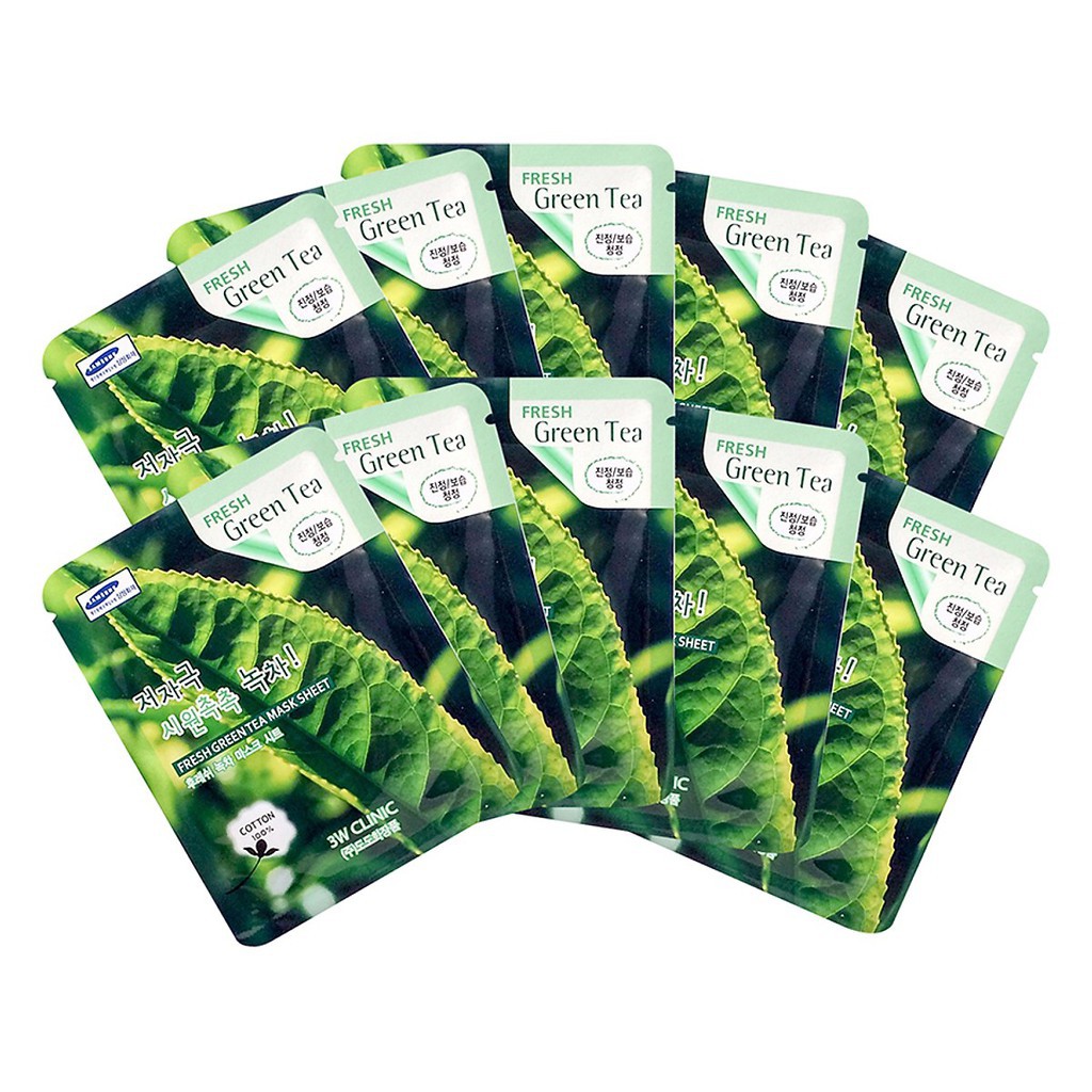 Combo 10 Gói Mặt Nạ Trà Xanh Dưỡng Da 3w Clinic Fresh Greentea Mask Sheet 100% Cotton (23ml/Miếng) - Hàn Quốc Chính Hãng