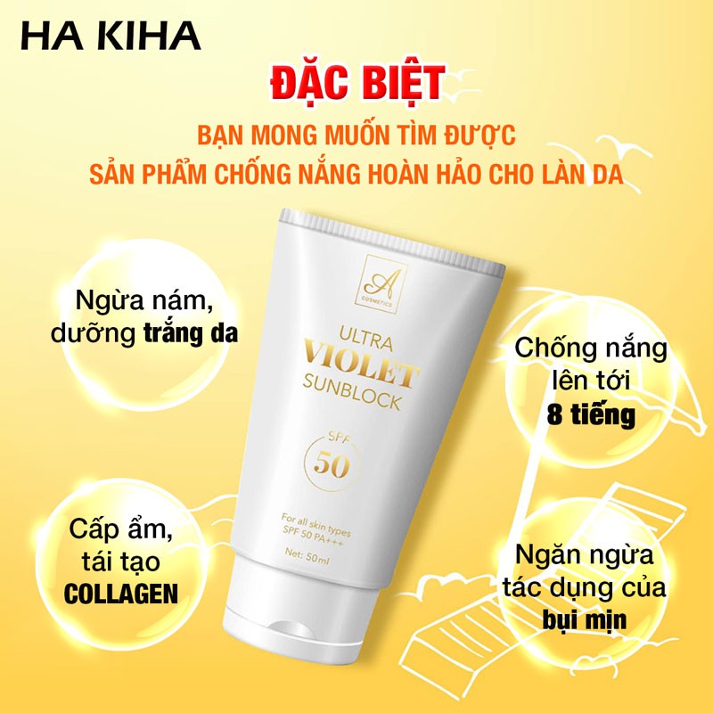 Kem Chống Nắng Vật Lý ULTRA VIOLET SUNBLOCK A cosmetics, SPF 50 PA+++, Bao vệ da khỏi tia UVB , UVA suốt 8 tiếng