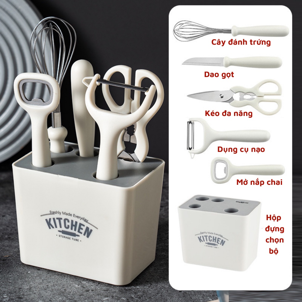 Bộ dụng cụ nhà bếp 6 món đồ dùng tiện lợi nấu ăn gồm dao gọt dao nạo vỏ kéo mở bia đánh trứng có kệ cắm