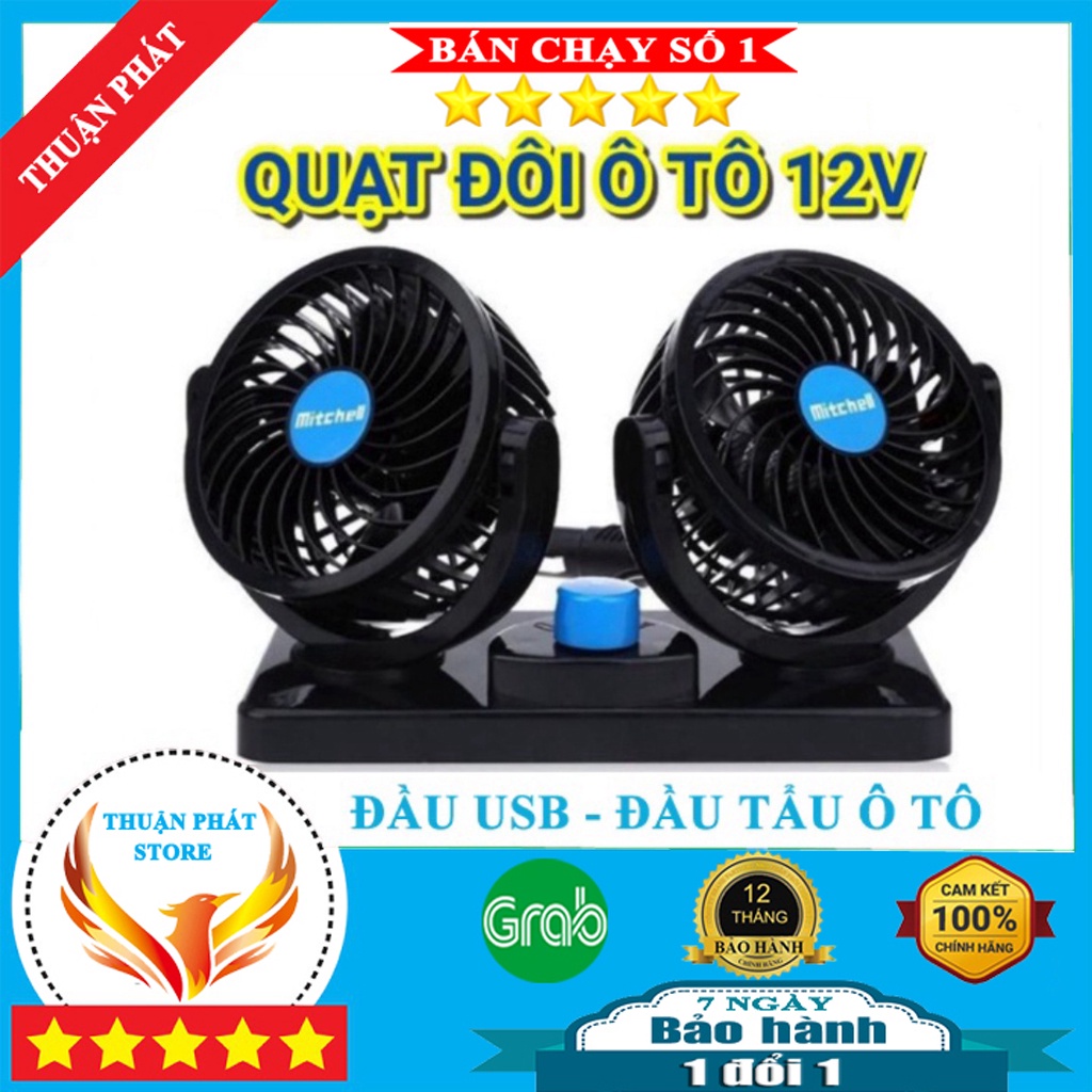 Quạt máy đôi mini 12v - Quạt đôi ô tô 12v đầu usb và tẩu xoay 360 tiện ích trên ô tô, xe hơi cao cấp - SIÊU SANG