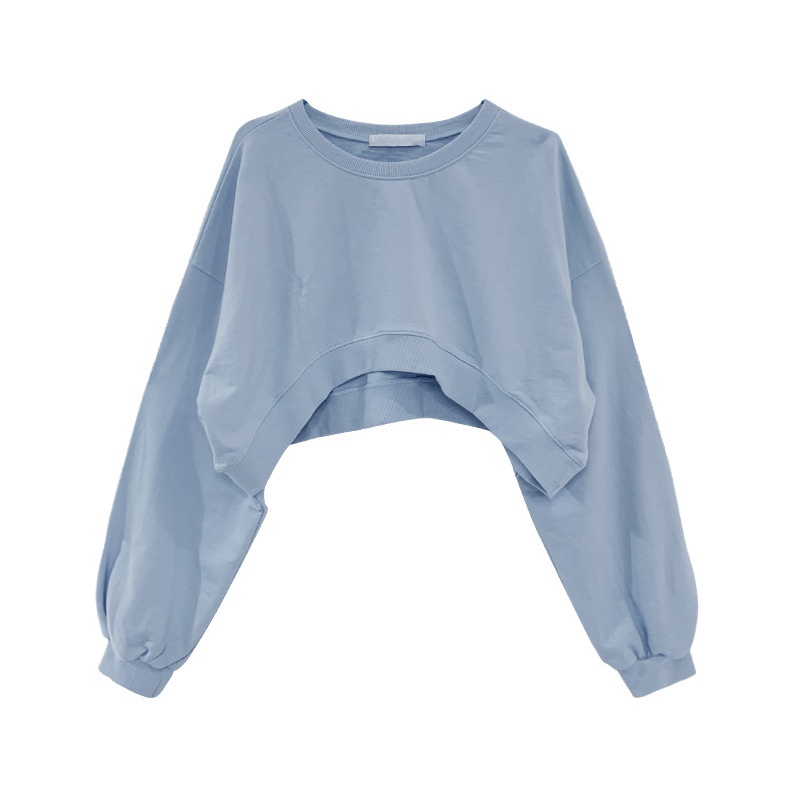 Áo Crop Top Cổ Tròn Thấm Hút Mồ Hôi Phong Cách Hàn Quốc Mới 2022 Hàn Quốc vòng cổ rắn màu ngắn tay áo dài phụ nữ vệ sinh