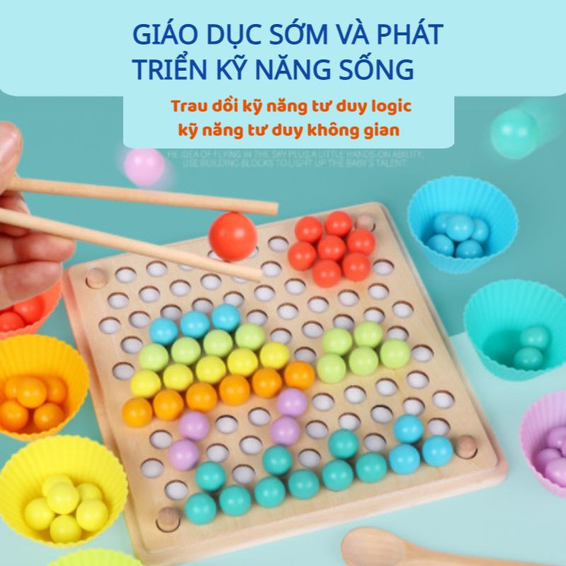 Đồ chơi gỗ thông minh, Bộ gắp hạt rèn kỹ năng vận động tinh, tập cầm đũa, thìa, rèn khéo léo đôi tay, não bộ