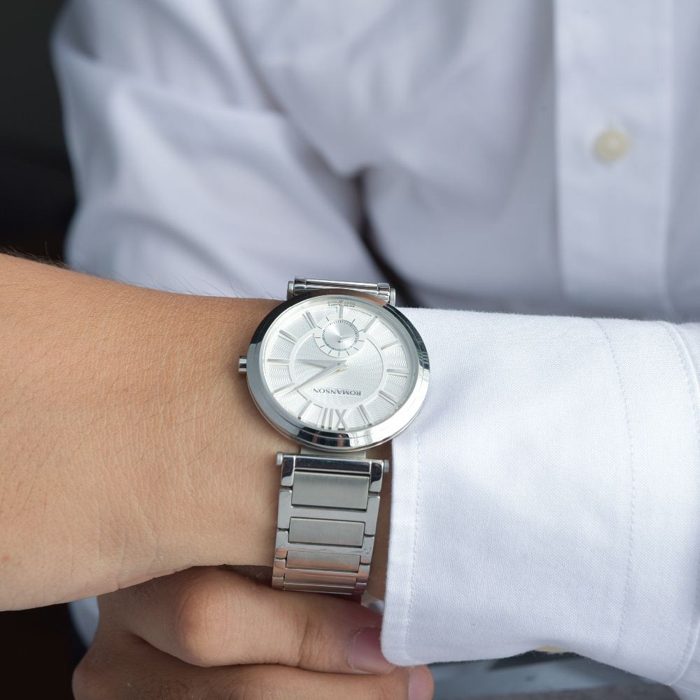 Đồng hồ Romanson Men Watch TM3238JMWWH nam mặt mỏng kính chống xước, máy Thụy Sĩ chống nước, dây thép cao cấp chính hãng
