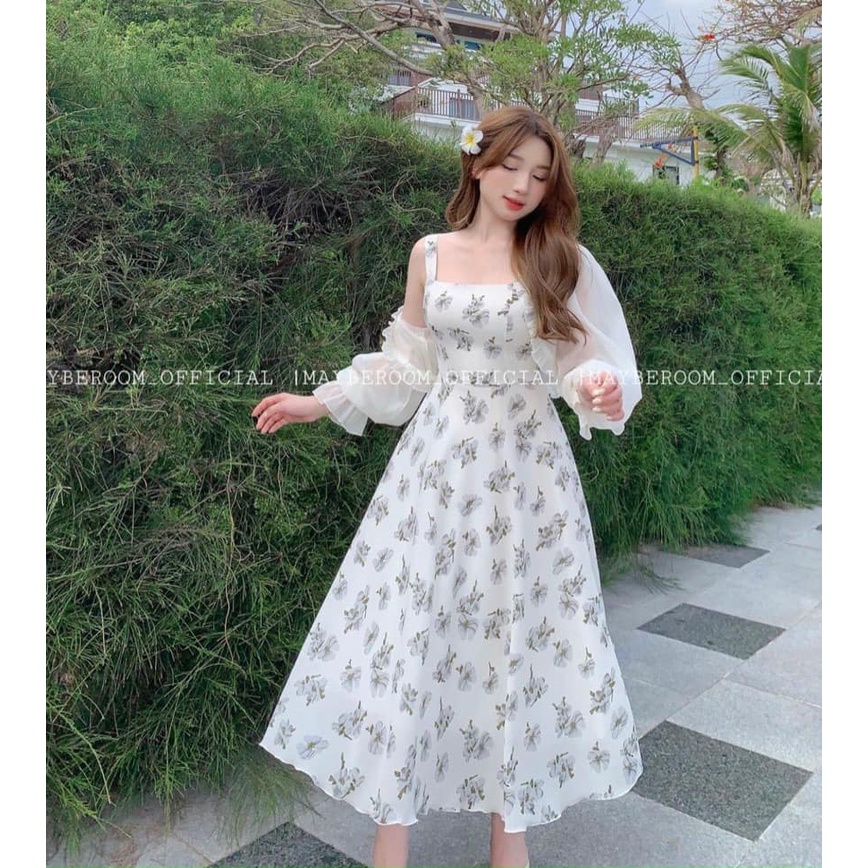 Set đầm 2 dây hoa hở vai lưng+áo khoác croptop voan tơ trắng tay dài đi biển ulzzang