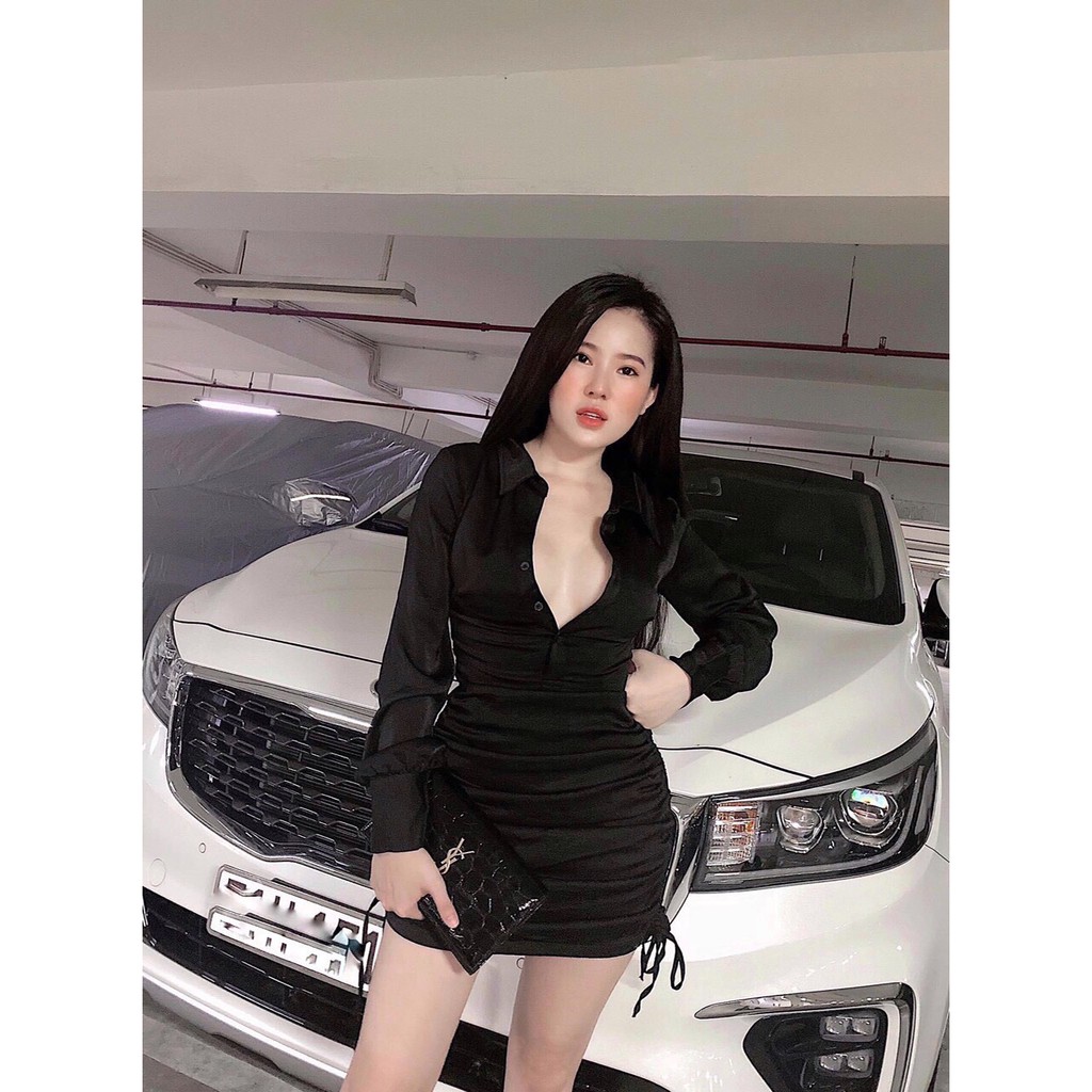 Đầm body cổ sơ mi cài nút tay dài rút dây hai bên hông.vn