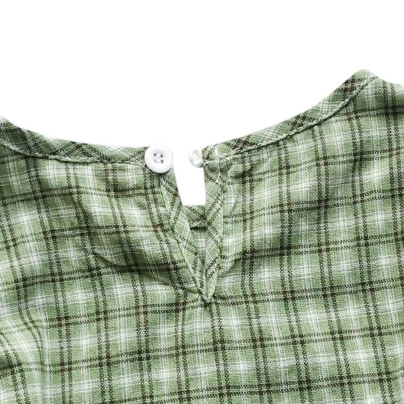 Đầm cotton tay ngắn in họa tiết caro cho bé gái