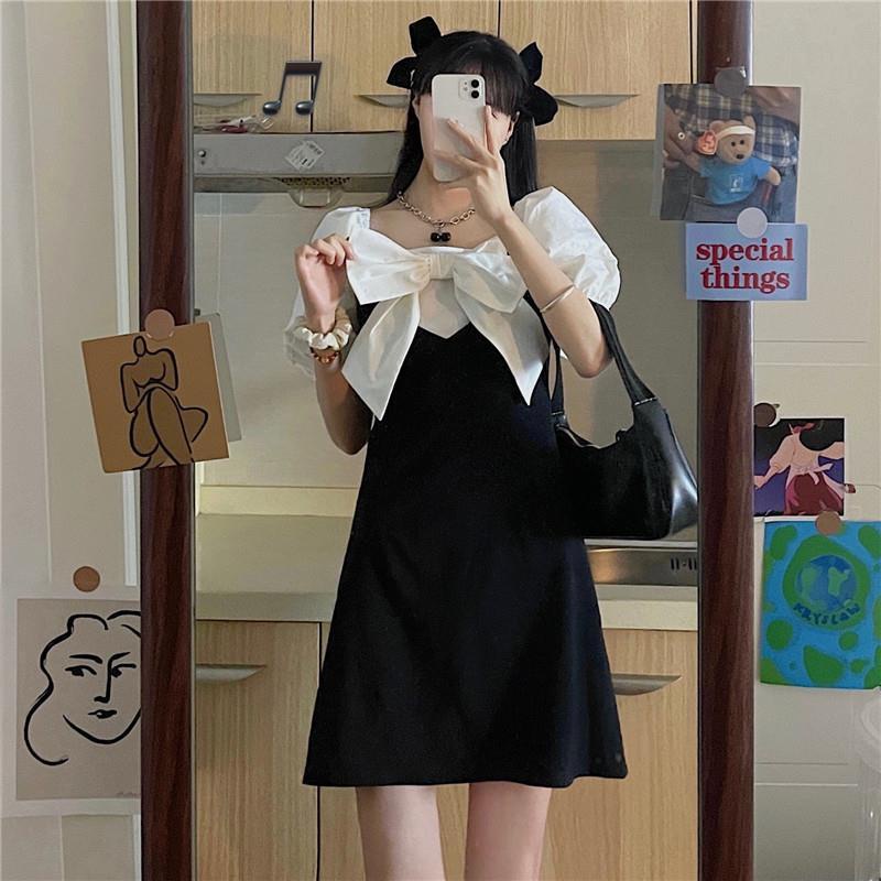 Đầm Tay Phồng Ngắn Cổ Vuông Dáng Rộng Phong Cách Pháp Retro Thời Trang Cho Nữ
