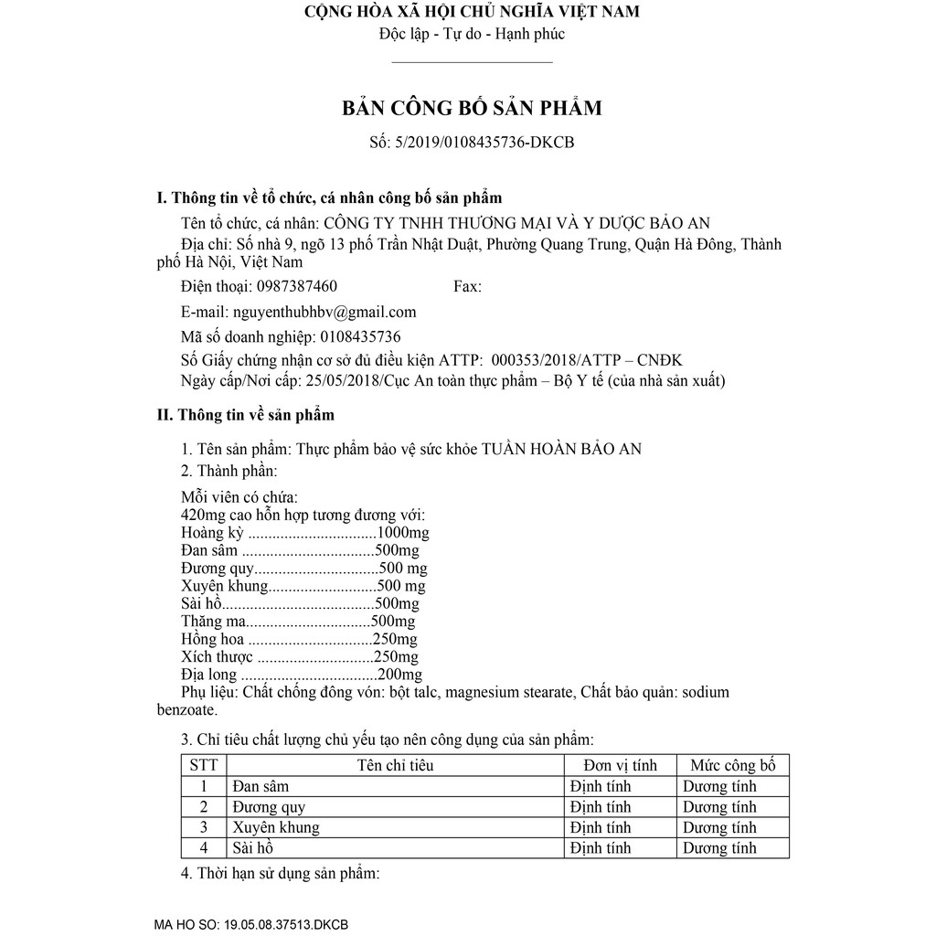 TUẦN HOÀN BẢO AN - Hỗ trợ tăng cường lưu thông máu, giảm đau đầu, hoa mắt, chóng mặt, đau mỏi vai gáy, tê bì chân tay