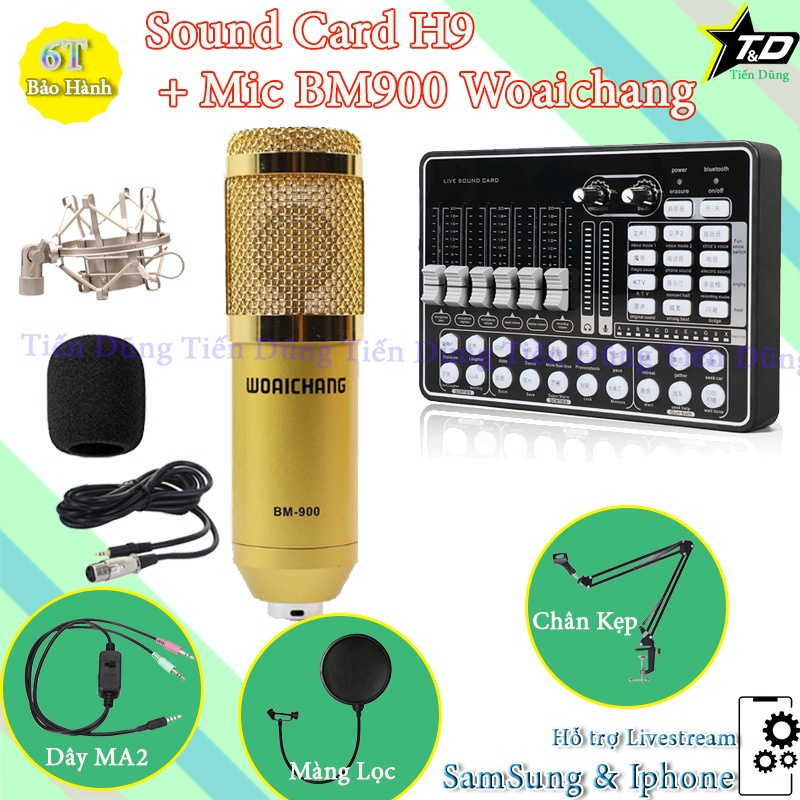 [Mã ELHACE giảm 4% đơn 300K] Combo micro thu âm sound card h9 mic bm900 woaichang chân màng ma2- Mic sound card h9