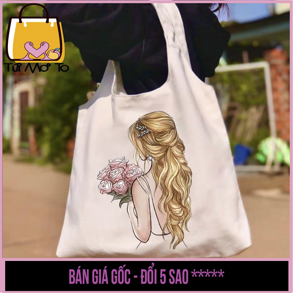 Túi tote túi vải túi canvas quai tròn có khóa kéo in hình cô dâu cầm hoa - Túi Mơ To store