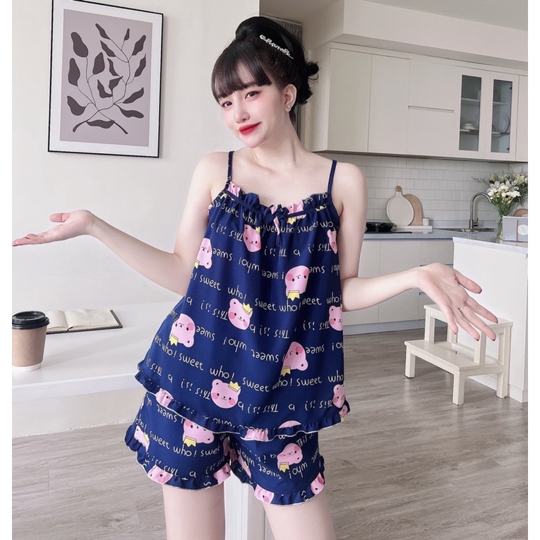 Bộ Lụa Mặc Nhà Mát, Đồ Ngủ 2 Dây Dễ Thương