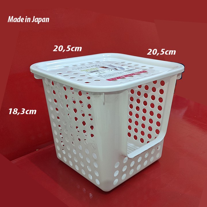 Rổ nhựa có nắp vuông màu trắng đa năng 20,5x20,5cm cao 18,3cm. Sx tại Nhật. D074
