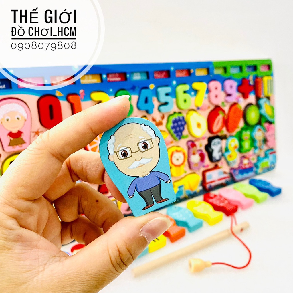 [BỔ ÍCH-MONTESSORI] Bộ đồ chơi gỗ đa năng câu cá học chữ số, nhận biết người, các loại hoa quả, xe