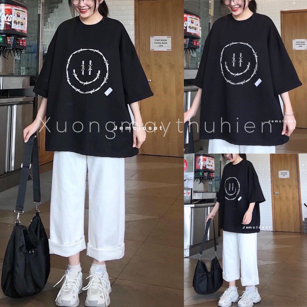 Set áo thun tay lỡ mặt cười tay lỡ kèm quần kaki trăng ống rộng suông