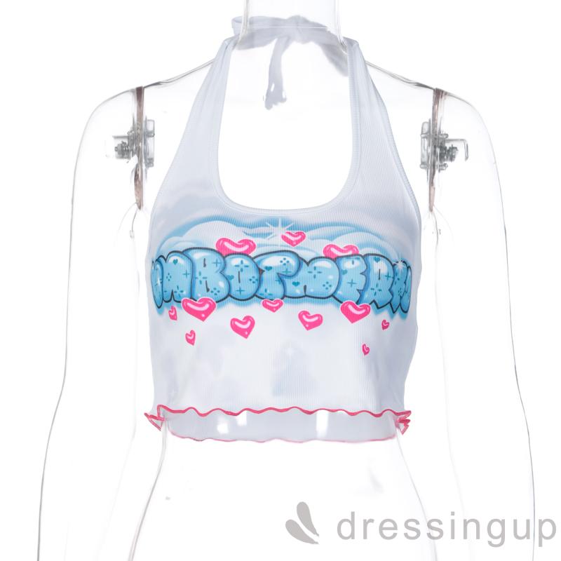 Áo Croptop Hở Lưng In Họa Tiết Chữ Và Trái Tim Sành Điệu Cho Nữ