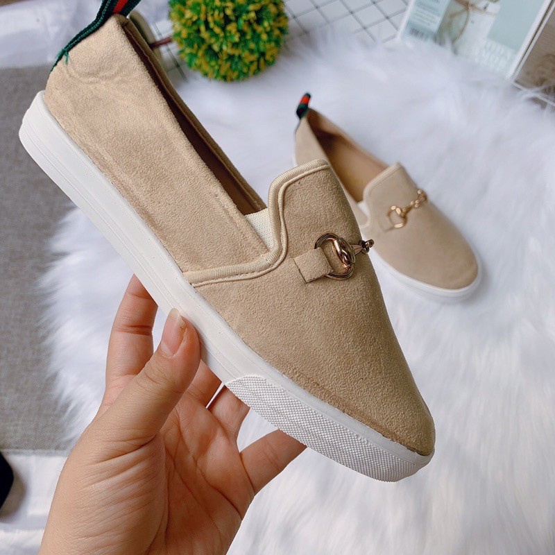 [Freeship đơn 50k] Giày slip on nữ trơn tag khoá gót kẻ 2 màu -Ảnh chụp thật