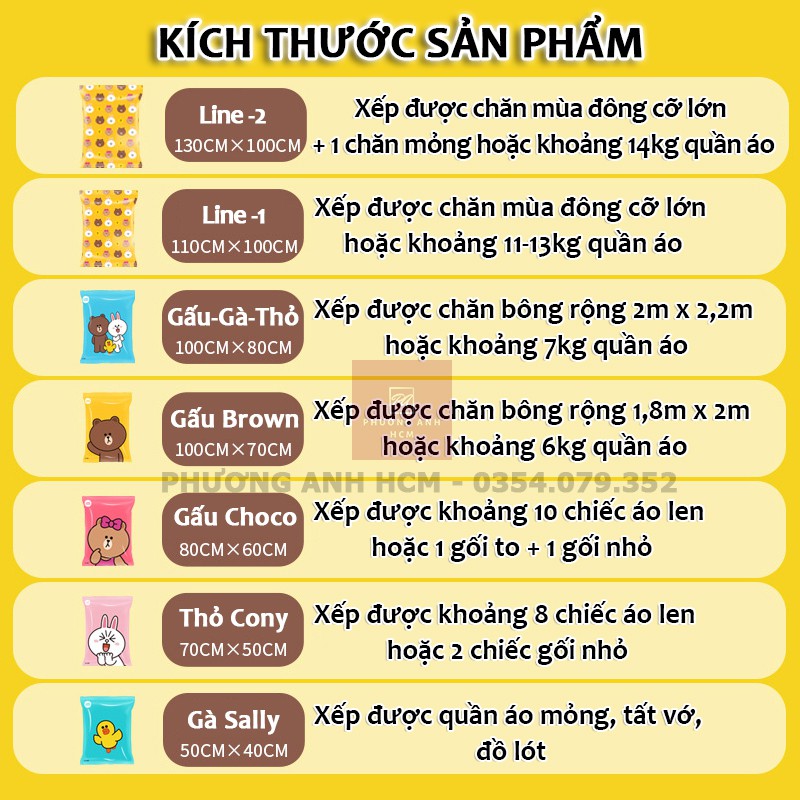 Túi Hút Chân Không Bảo Quản Quần Áo, Chăn Màn, Ga, Gối (LINE FRIENDS) - Túi Đựng Đồ Du Lịch Hút Chân Không Hình Gấu Nâu