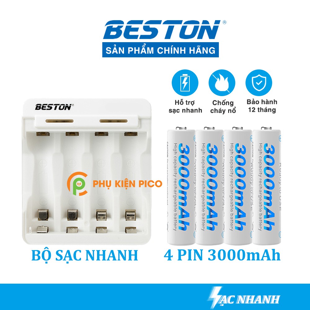 Bộ sạc nhanh kèm 4 Pin sạc BESTON chuyên dùng cho Micro Karaoke máy ảnh - Combo pin sạc BESTON