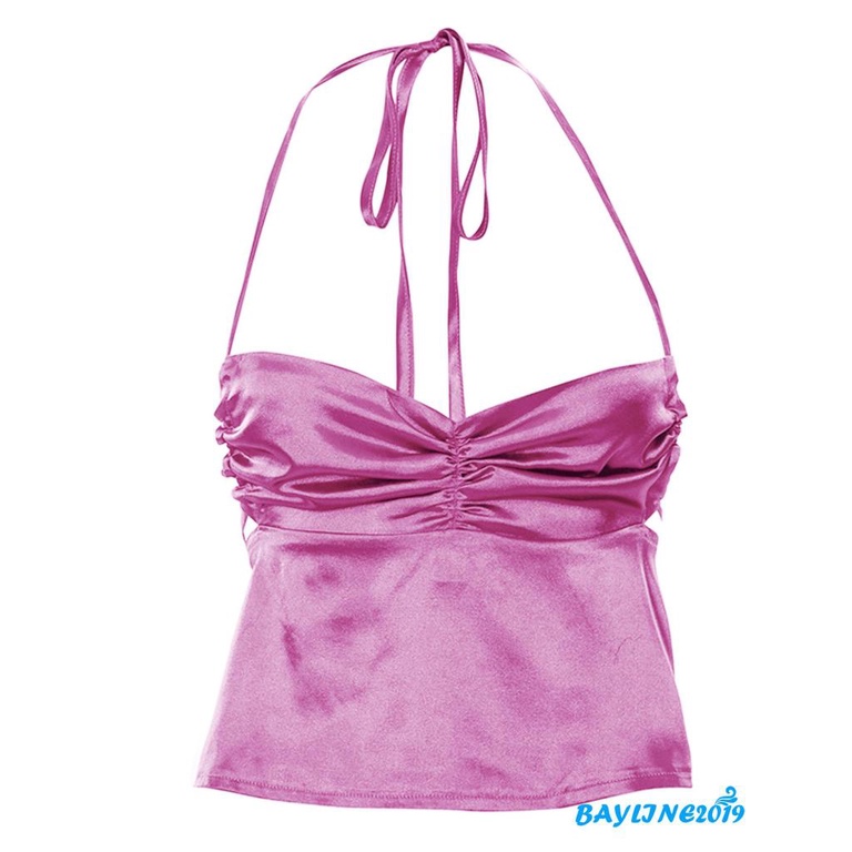 Bay-Women Summer Crop Tops, Halter Neck Sleeveless Pleated Chest Tie Up Bandage Backless Casual Vest