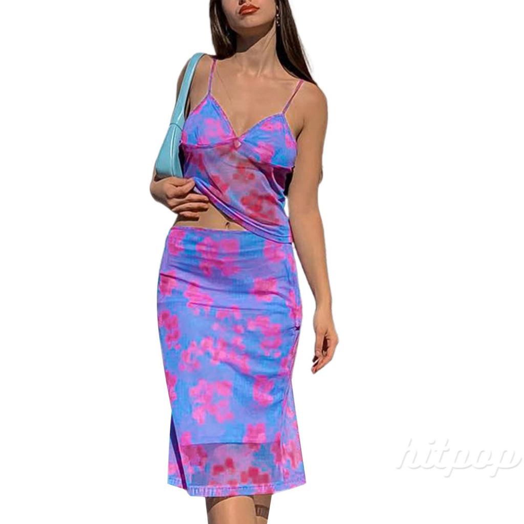 Hitpop-Women Summer 2 Pieces Outfits, Fashion Print Plaid V-Neck Sleeveless Camisole Sling Tank Tops + Midi Skirt Set