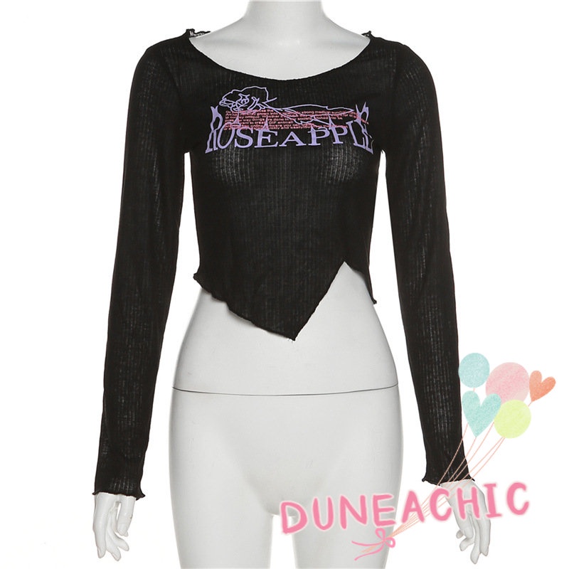 DUNEA Áo Thun Tay Dài Cổ Tròn In Chữ Thời Trang Cho Nữ