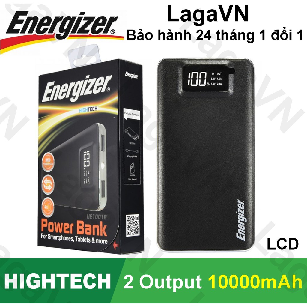 Pin sạc dự phòng Energizer 10000mAh 2 cổng Output có LCD - UE10018 (Đen)