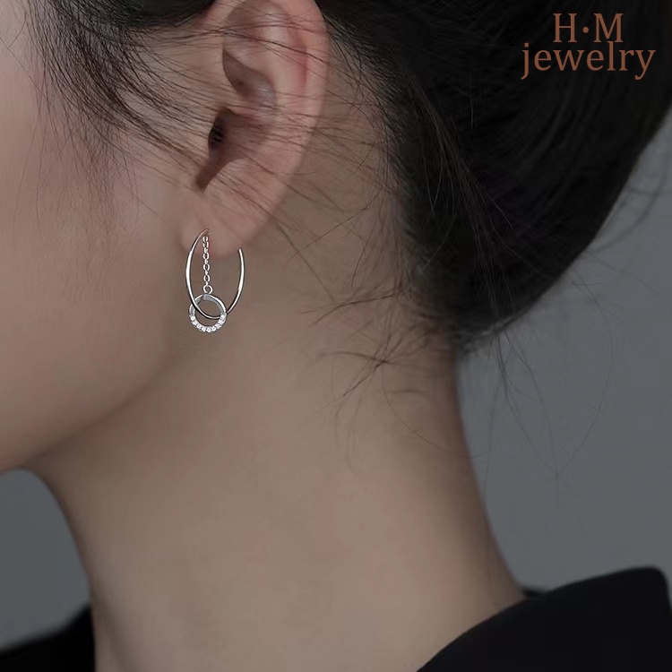 Bông Tai Dáng Dài Hình Chữ C Đính Đá Thời Trang