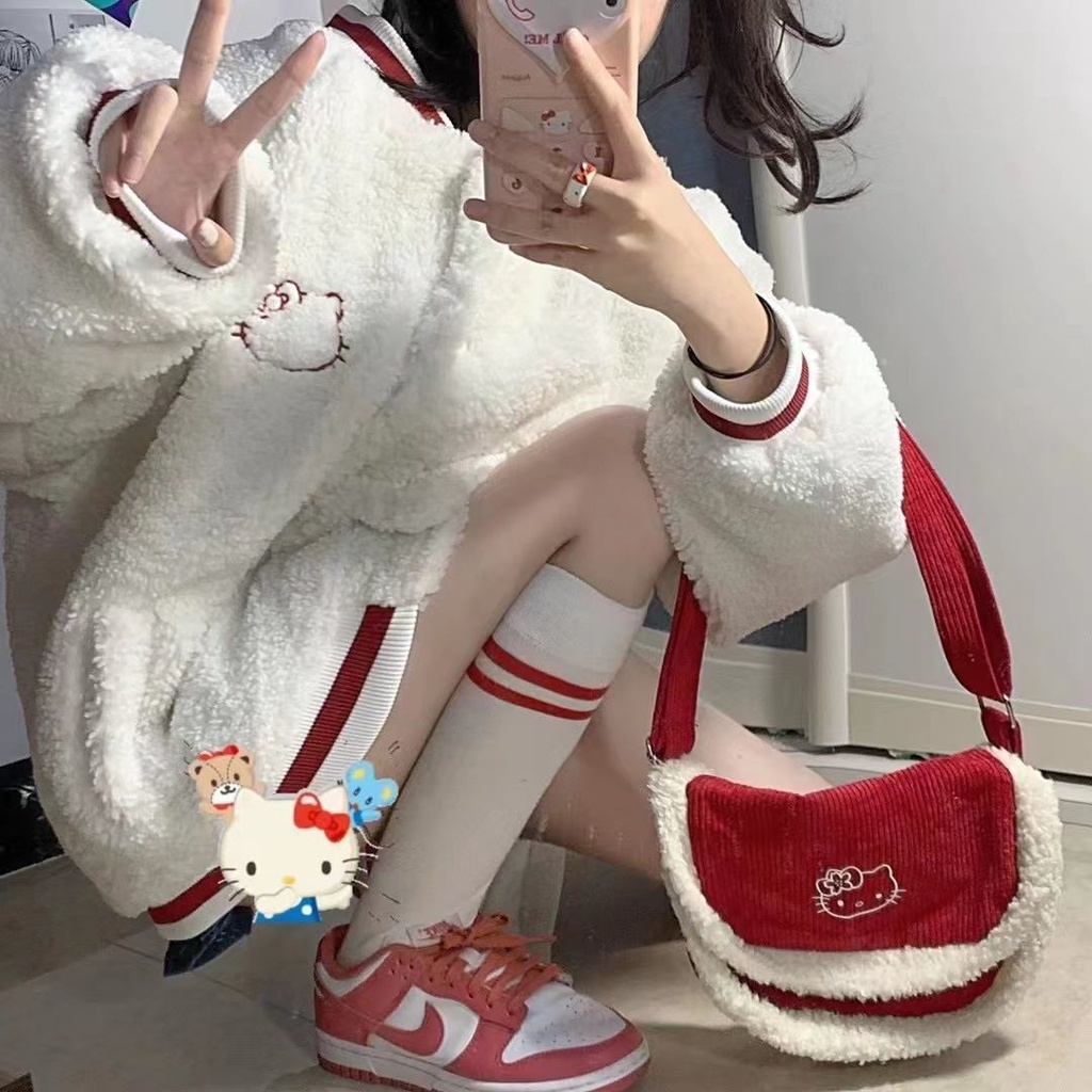 ✣Áo Khoác Nhật Bản Dễ Thương✣Áo Khoác Bóng Chày Lông Cừu Thêu Hình Hello Kitty Phong Cách Hàn Quốc Cho Nữ